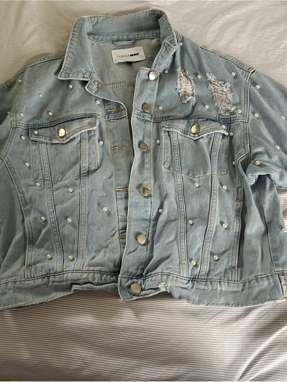 Fashion Nova Light Blue Pearl-Studded Distressed Denim Jacket